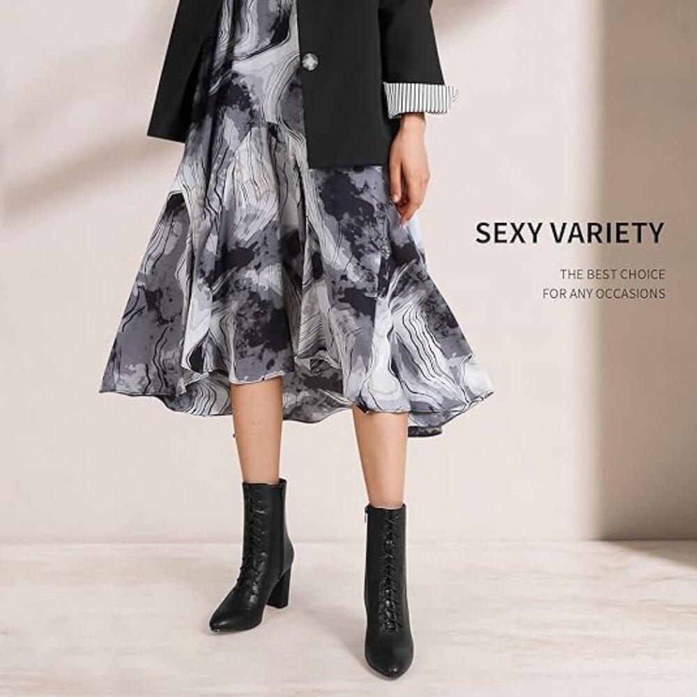 Ankle Boots Lace Up Side Zipper Block Heel Mid Calf High Heel Booties, 8.5 Black